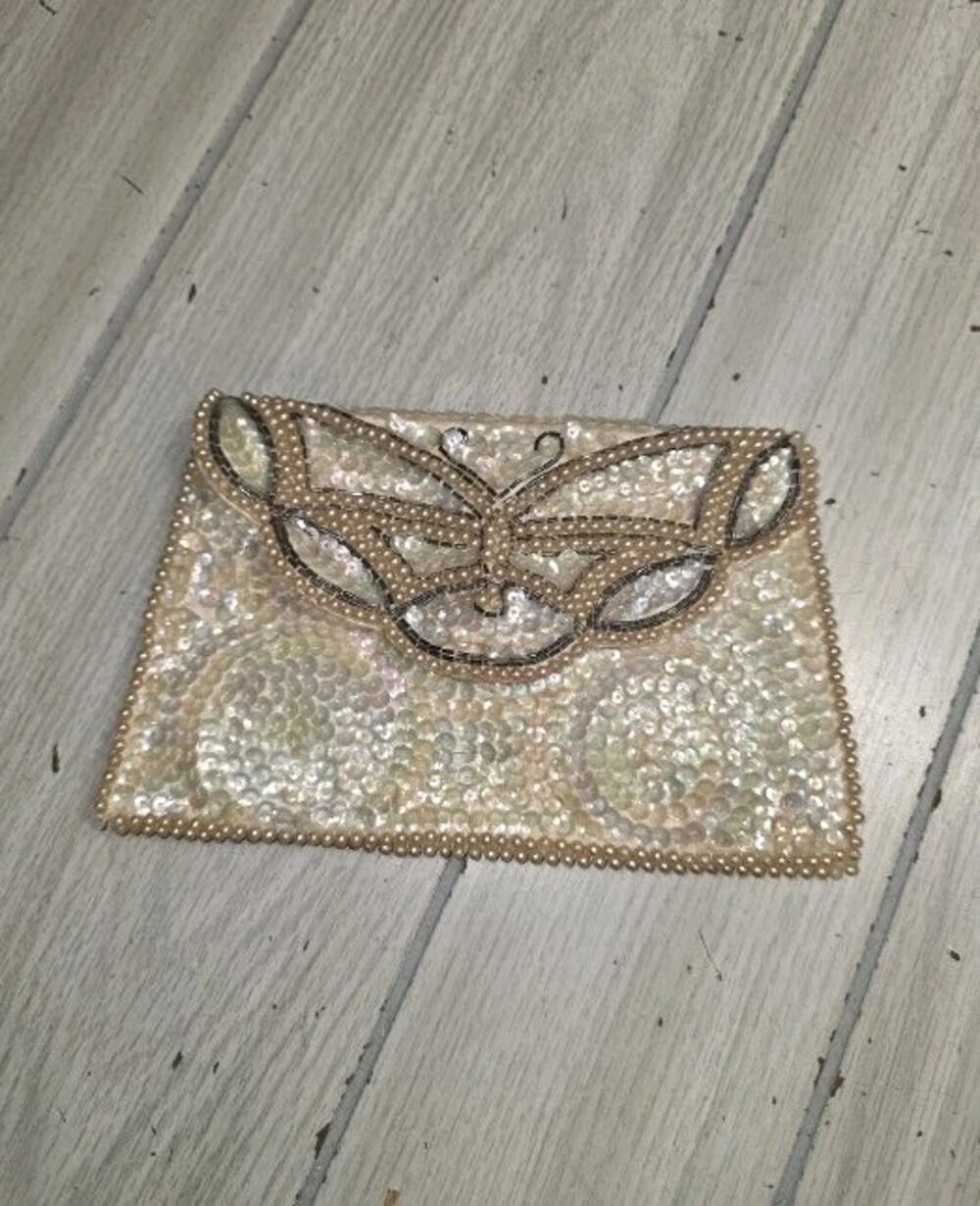 Vintage 1940's Cream Faux Pearl Clutch Bag Butterfly Design La Regale Products